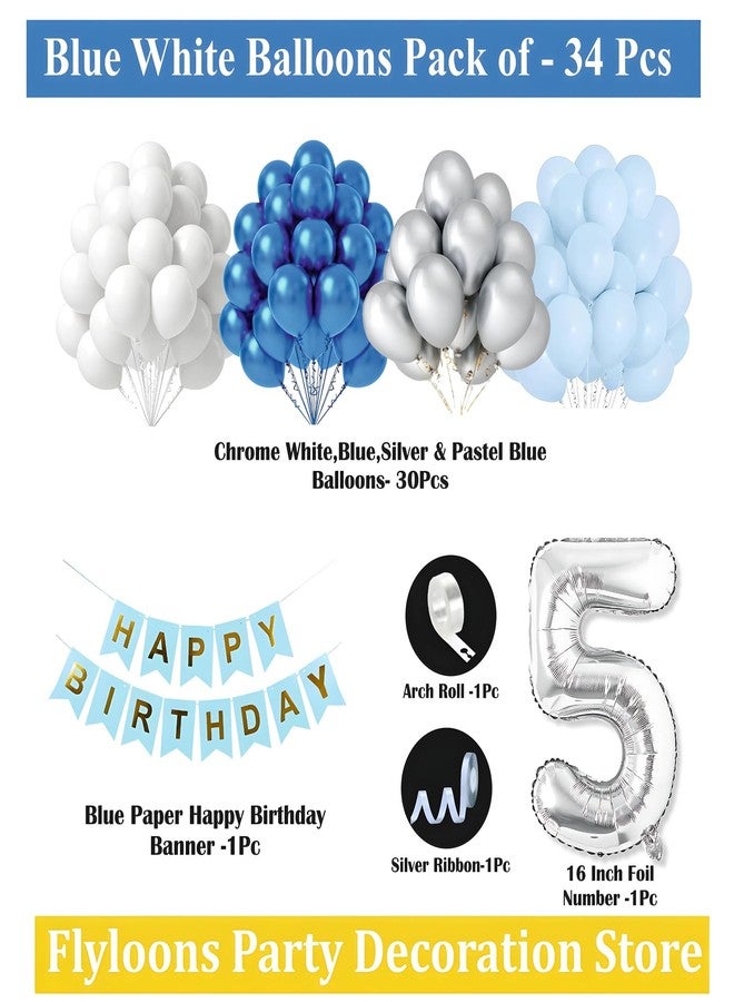 Flyloons 5th Birthday Decoration Items Blue and White Theme Combination for Boys Girls Kids | 30 Pcs Blue White Silver Color Balloons | Blue Happy Birthday Paper Banner | Arch Tape - Image 2
